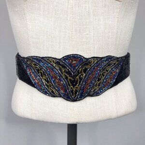 Vintage Magid Beaded Belt Med/Large* Art Deco 80s Evening Black Silk Multicolor